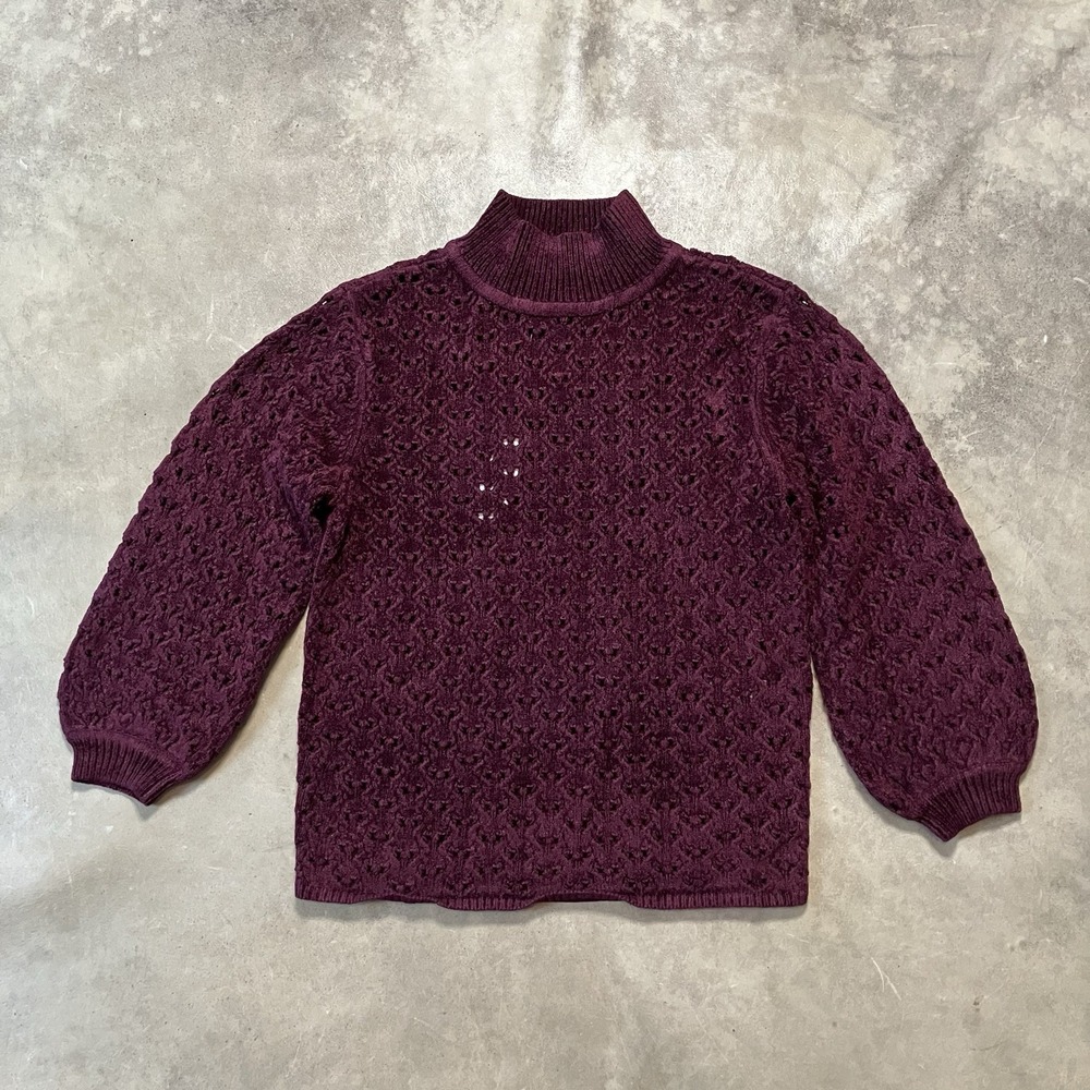 WHBM Sweater Womens Size S Port Wine Stitchy Chenille Mockneck Relaxed Open Knit